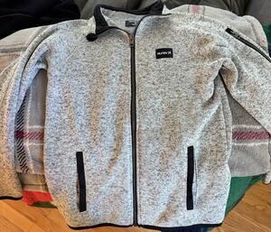 Hurley Mens L Large Full Zip Fleece Jacket Heather Grey Sweater Knit Mock Neck